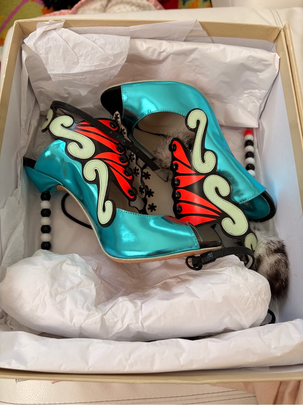 Sophia Webster Metallic Teal and Red Open-Toe Heels with Decorative Accents - Picture 4 of 5